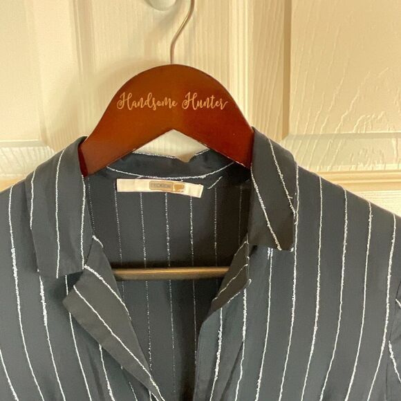 Becken Cinched Flare Dress Sz 2 Navy Blue Pinstriped Button Front Silk Dress H3 - Picture 11 of 12